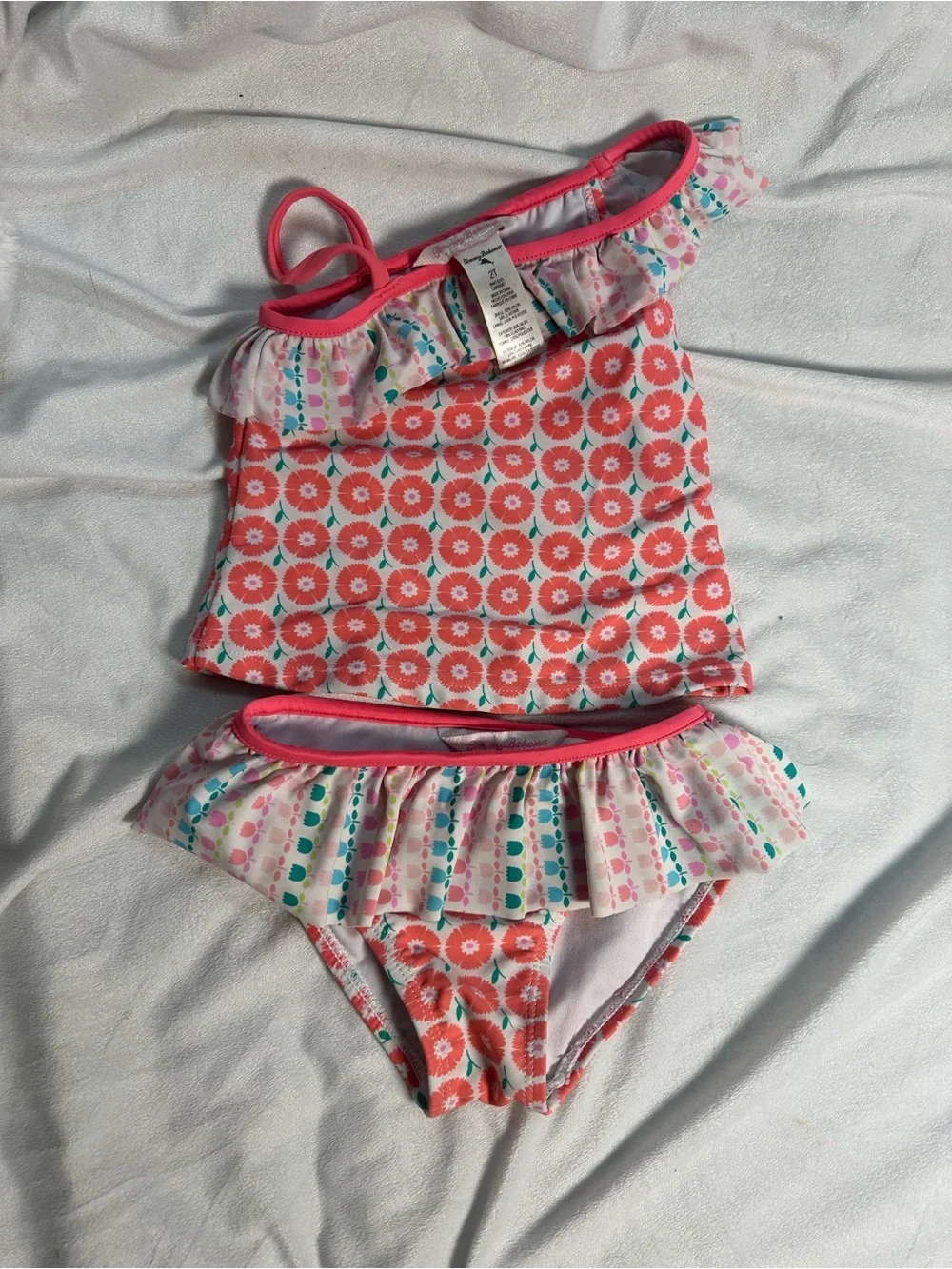 Tommy Bahama Girls Coral Pink Floral One-Shoulder Tankini